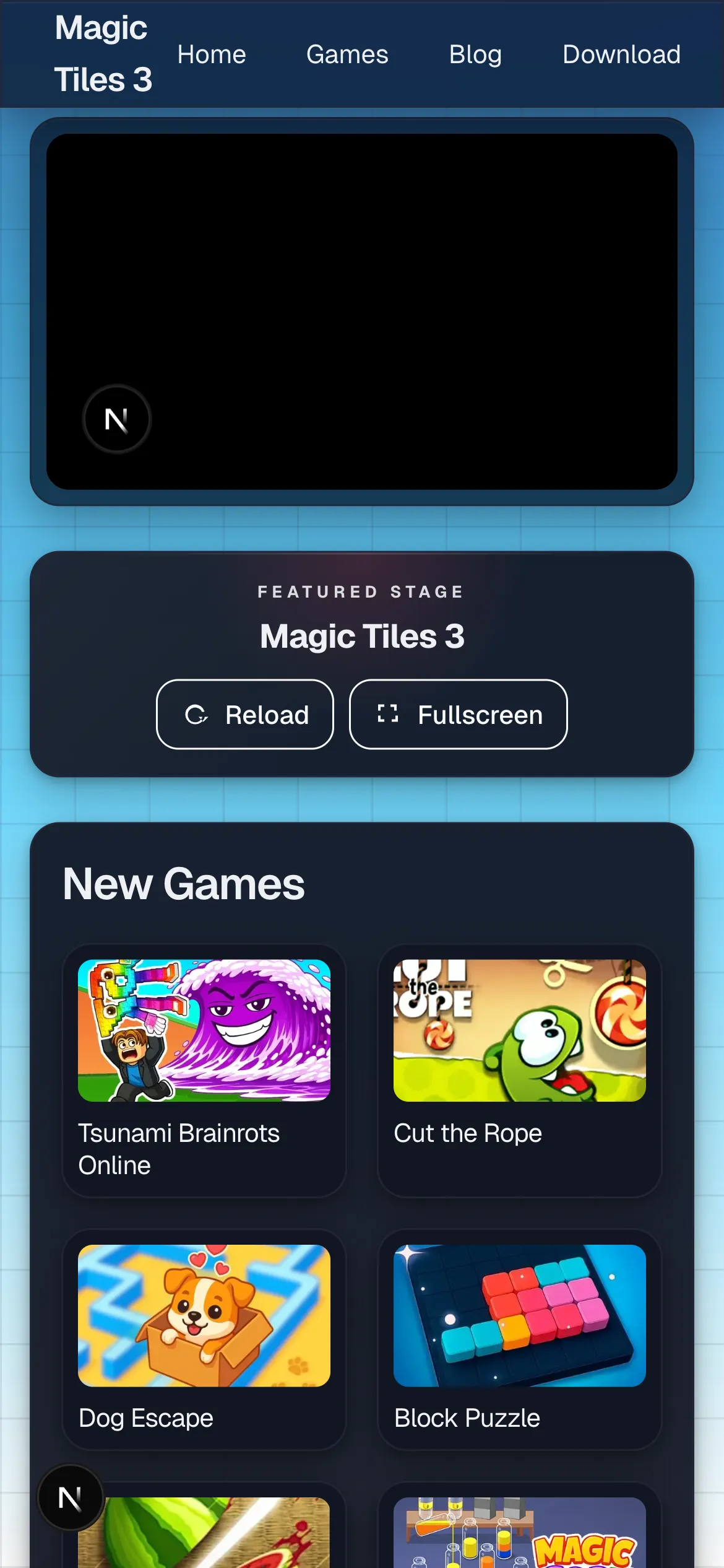 Mobile browser layout for the Magic Tiles route with a tall player section and the featured stage card below it