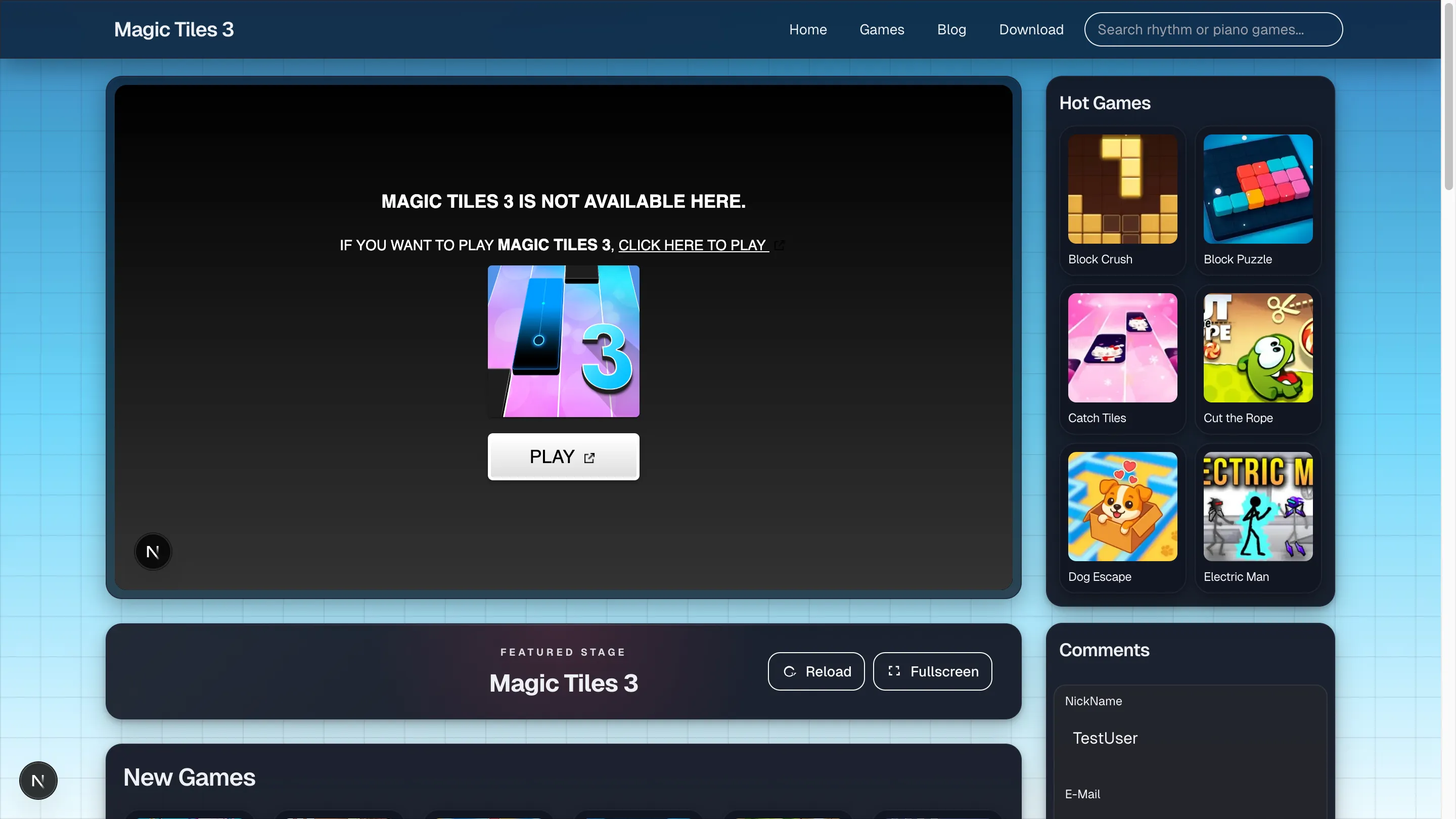 Desktop game page showing the Magic Tiles player area, hot games sidebar, and action buttons below the frame