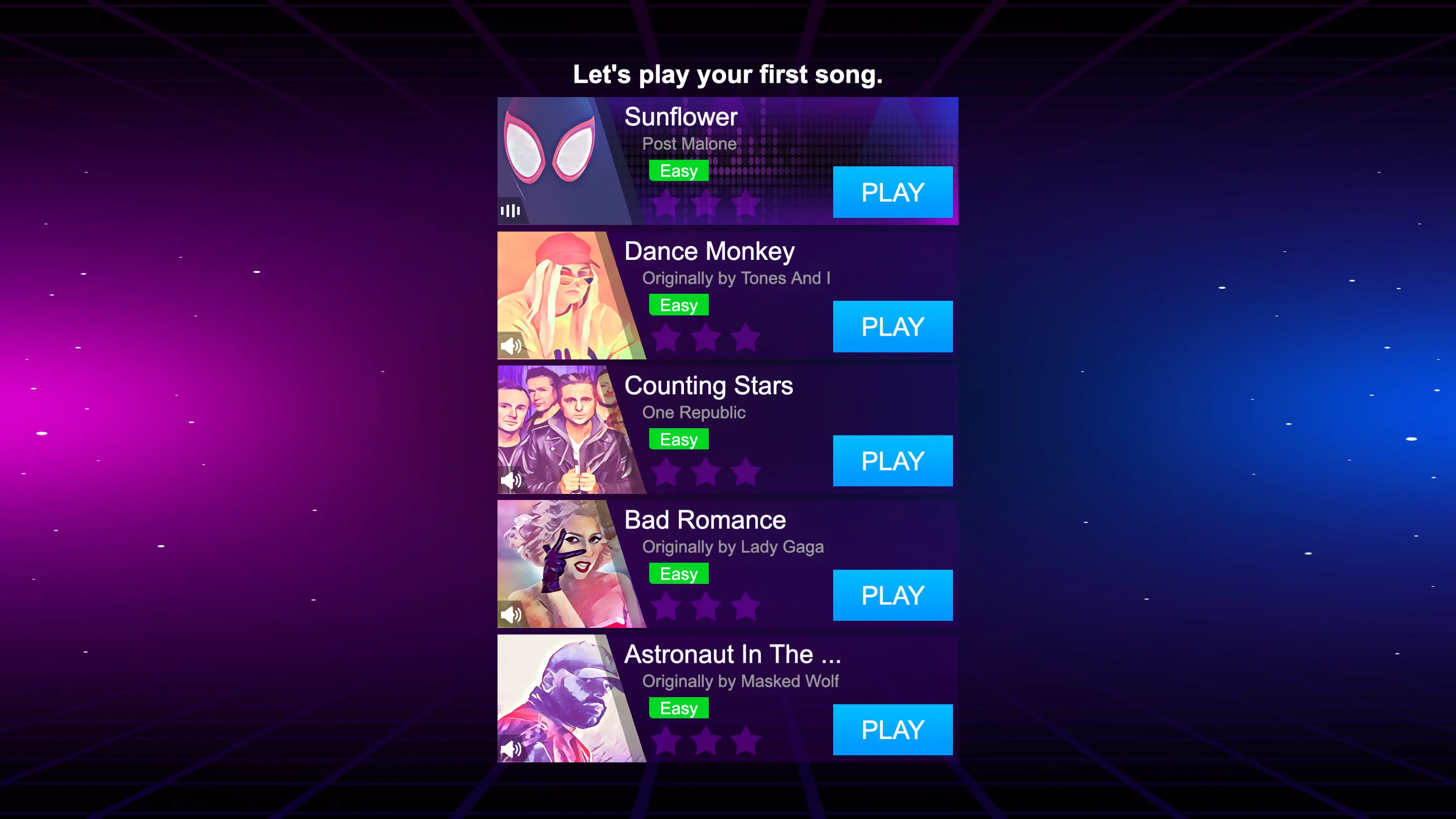 Magic Tiles 3 song selection list with five easy tracks ready to play