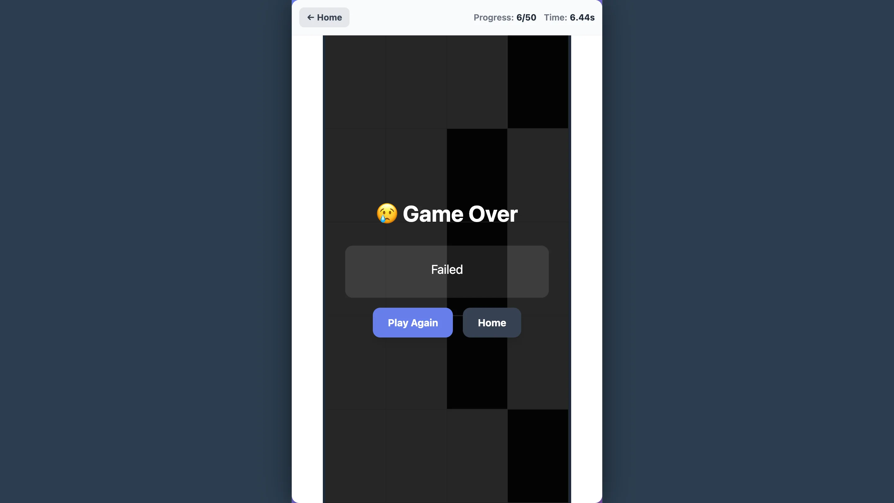 Classic board fail screen after a short rhythm run