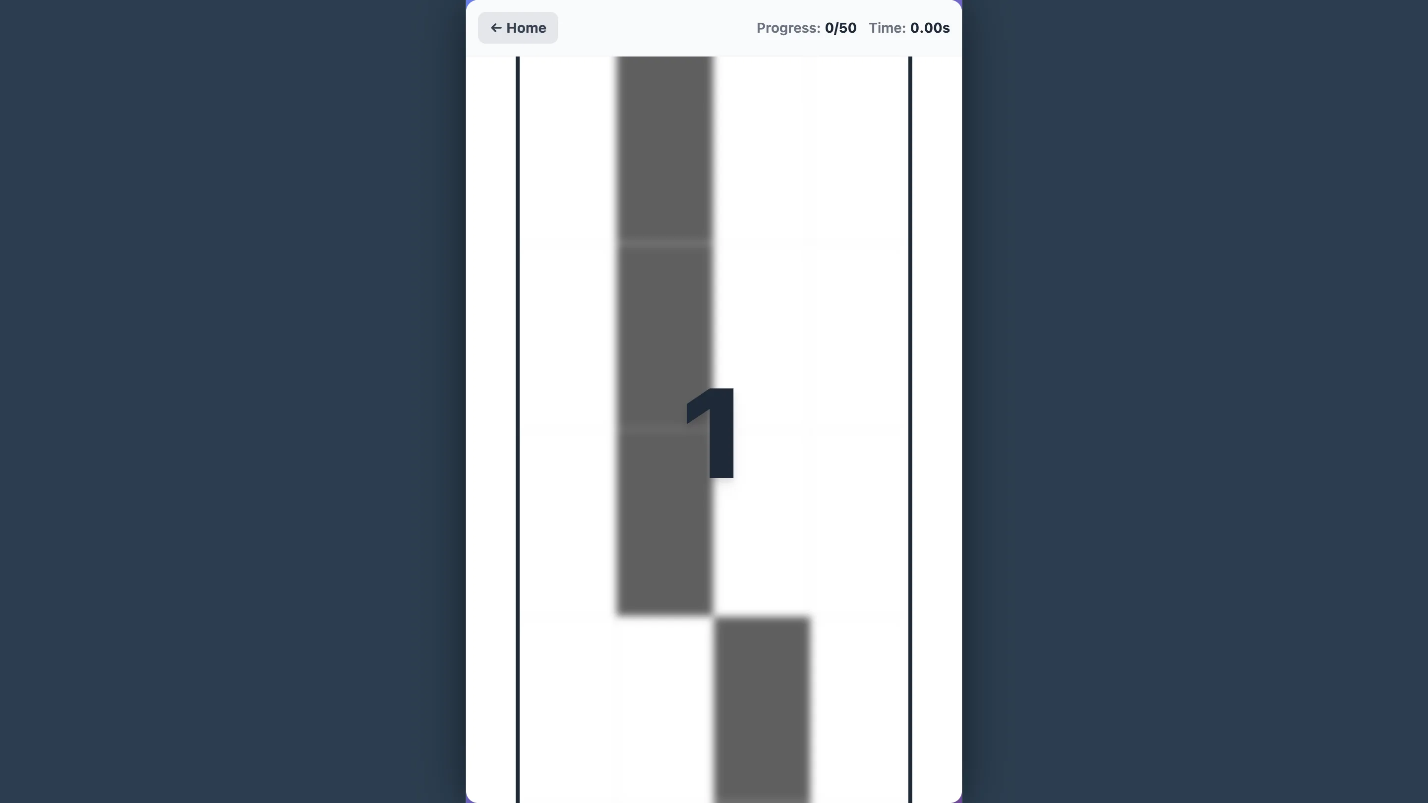 Classic four-lane board after a single successful tap with the number one centered on the play field